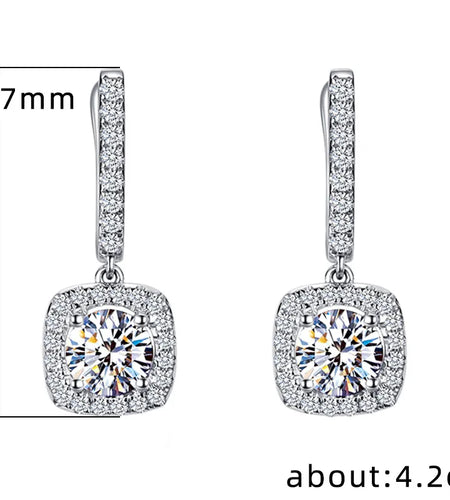 Classical Designer 18K White Gold Plated Square Shape Cubic Zirconia Clip on Earrings for Women Sapphire Crystal Diamond Drop Earrings Dangle Earring Anti-Allergy