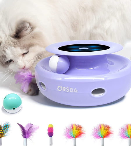 Cat Toys, 2-In-1 Interactive Cat Toys for Indoor Cats, Automatic Cat Toy Balls, Mice Toys Ambush Feather Kitten Toys with 7Pcs Attachments, Dual Power Supplies, Adjustable Speed, Auto On/Off